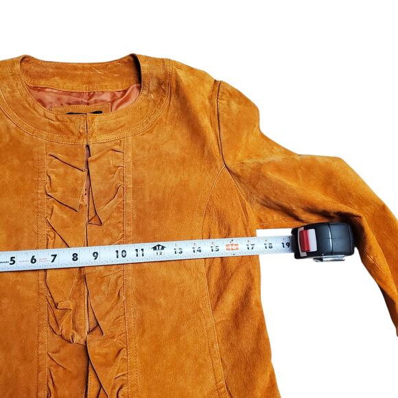 Vintage Suede Leather Jacket Orange Y2k Fairy Boho Ruffle Prosper & Devine - L - Picture 8 of 8